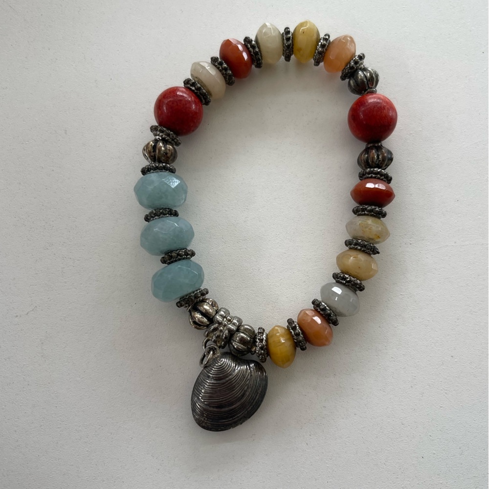 Vintage aquamarine carnelian yellow jade silver spacers seashell Bracelet Sz 7